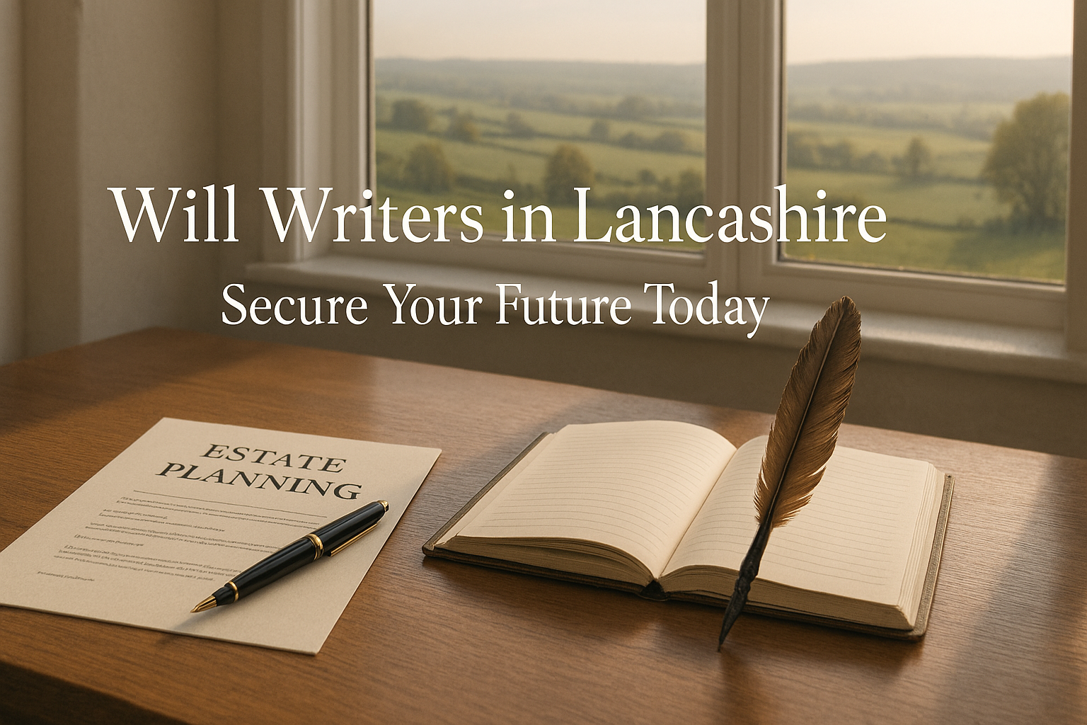 Professional desk with legal documents pen and notebook for will writing overlooking Lancashire countryside through a window, symbolizing estate planning and secure future