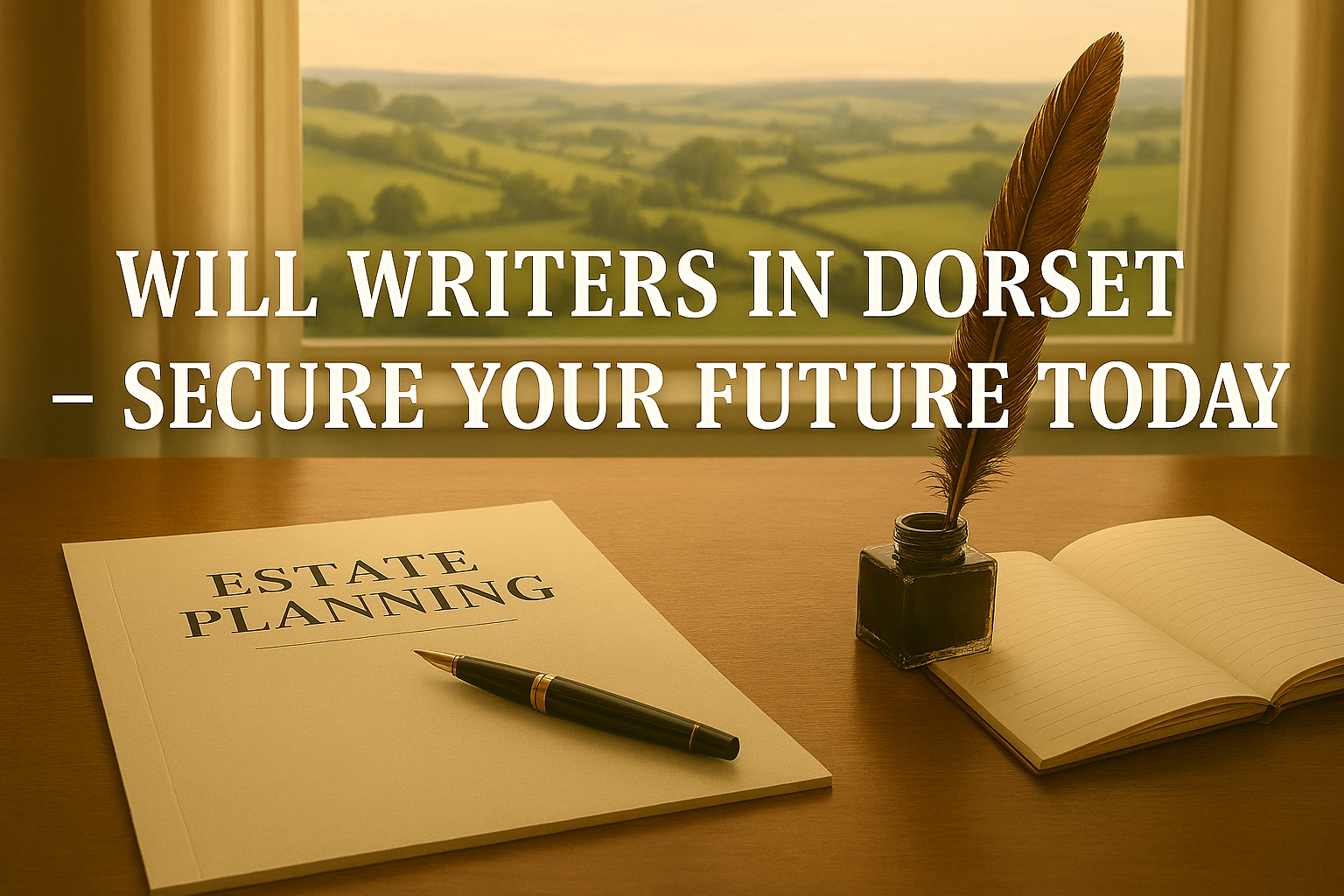 Professional desk with legal documents pen and notebook for will writing overlooking Dorset countryside through a window, symbolizing estate planning and secure future