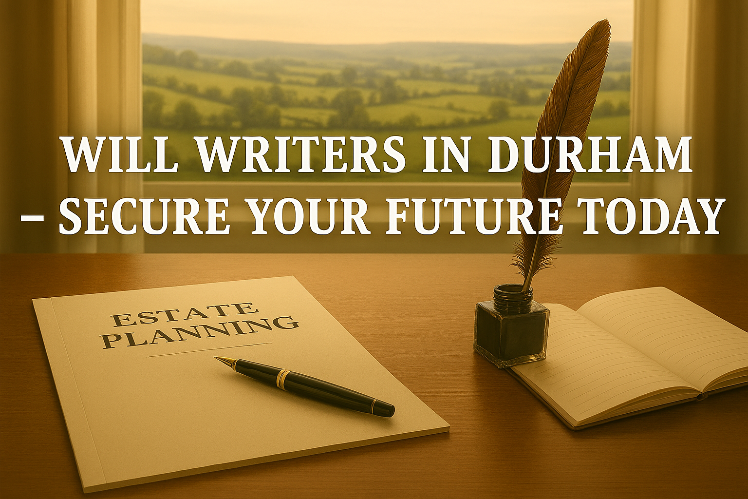 Professional desk with legal documents pen and notebook for will writing overlooking Durham countryside through a window, symbolizing estate planning and secure future