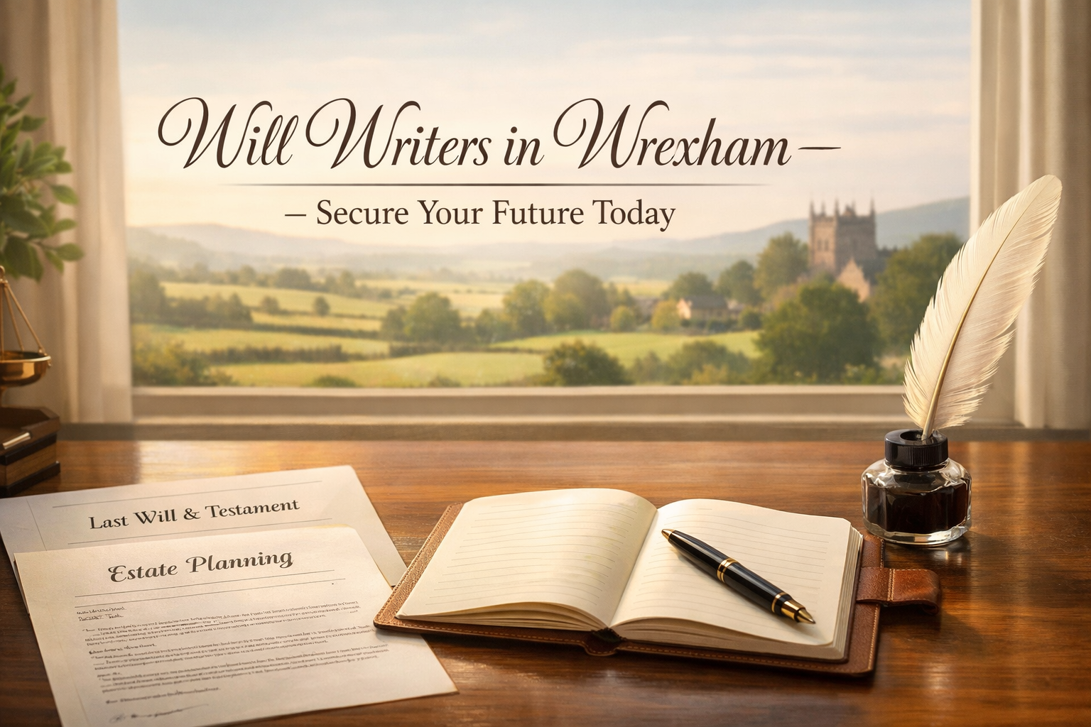 Professional desk with legal documents pen and notebook for will writing overlooking Wrexham countryside through a window, symbolizing estate planning and secure future