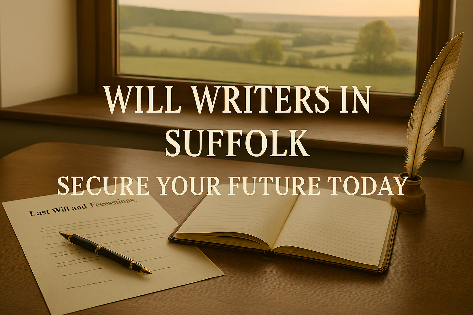 Professional desk with legal documents pen and notebook for will writing overlooking Suffolk countryside through a window, symbolizing estate planning and secure future