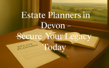 Professional desk with estate planning documents, pen, and notebook overlooking Devon countryside, representing estate planning and secure future. Estate Planners in Devon