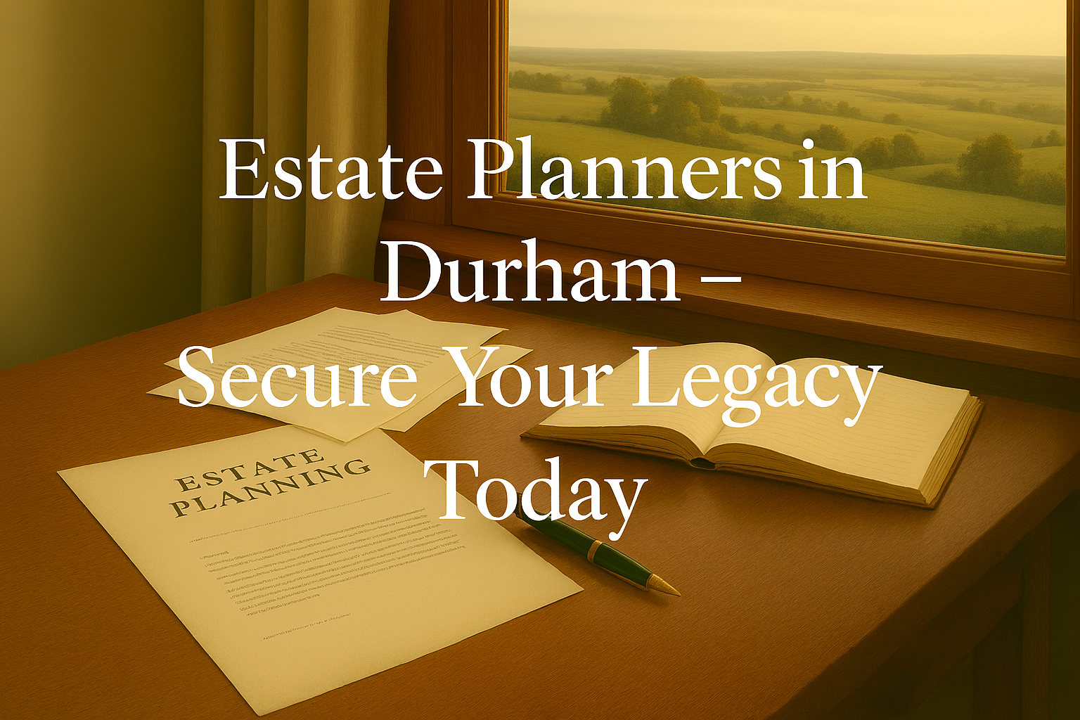 Professional desk with estate planning documents, pen, and notebook overlooking Durham countryside, representing estate planning and secure future. Estate Planners in Durham