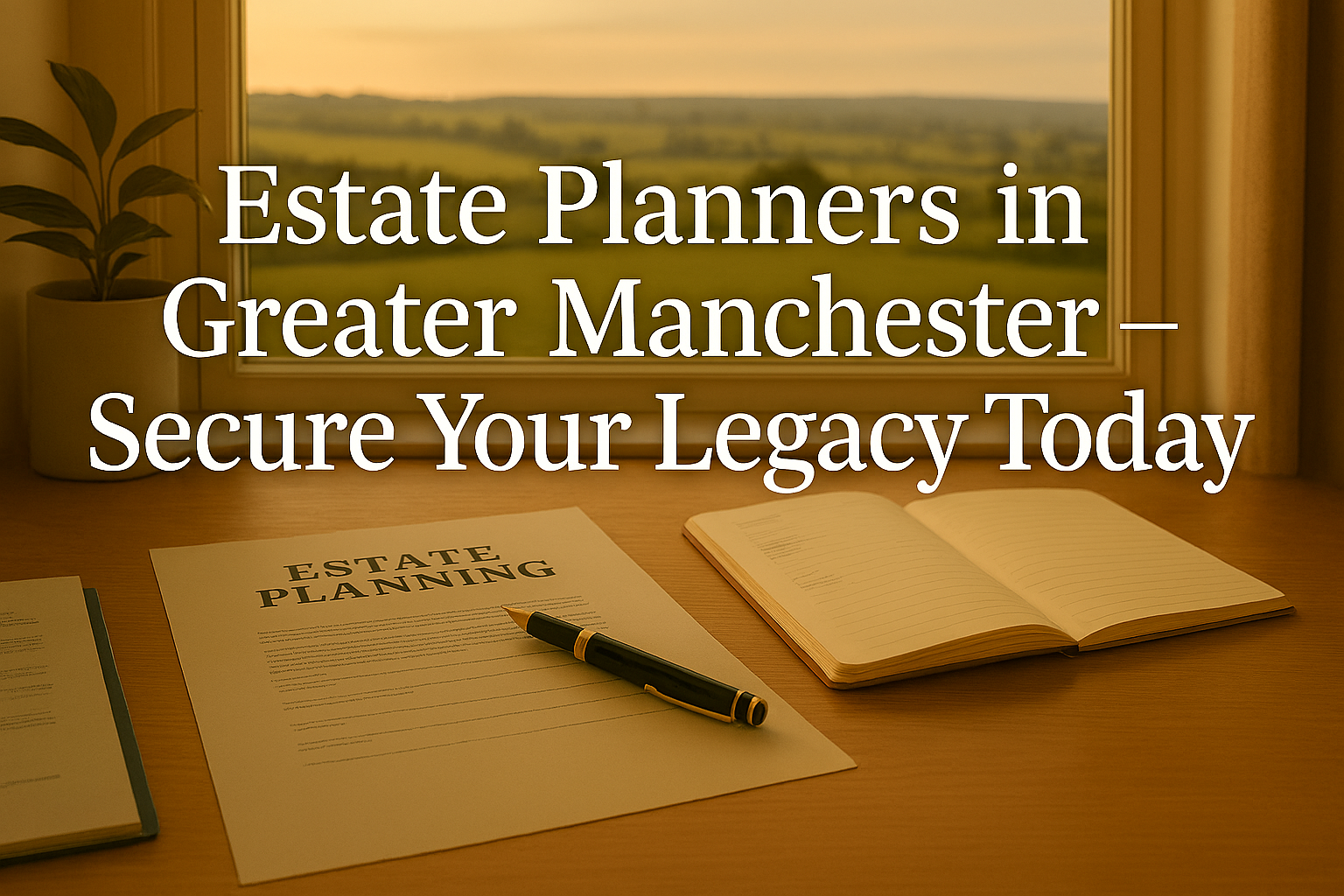 Professional desk with estate planning documents, pen, and notebook overlooking Greater Manchester countryside, representing estate planning and secure future. Estate Planners in Greater Manchester