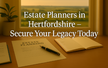 Professional desk with estate planning documents, pen, and notebook overlooking Hertfordshire countryside, representing estate planning and secure future. Estate Planners in Hertfordshire