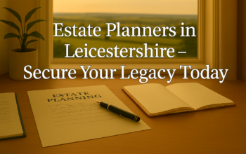Professional desk with estate planning documents, pen, and notebook overlooking Leicestershire countryside, representing estate planning and secure future. Estate Planners in Leicestershire