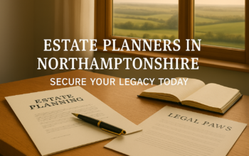 Professional desk with estate planning documents, pen, and notebook overlooking Northamptonshire countryside, representing estate planning and secure future. Estate Planners in Northamptonshire
