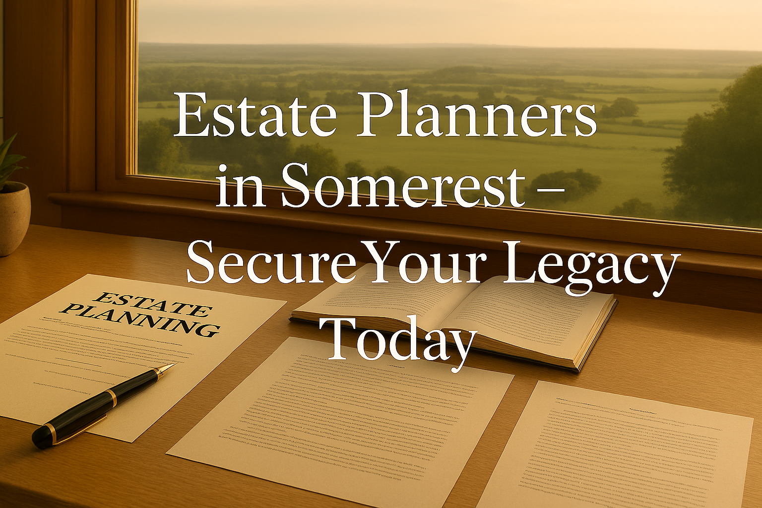 Professional desk with estate planning documents, pen, and notebook overlooking Somerset countryside, representing estate planning and secure future. Estate Planners in Somerset