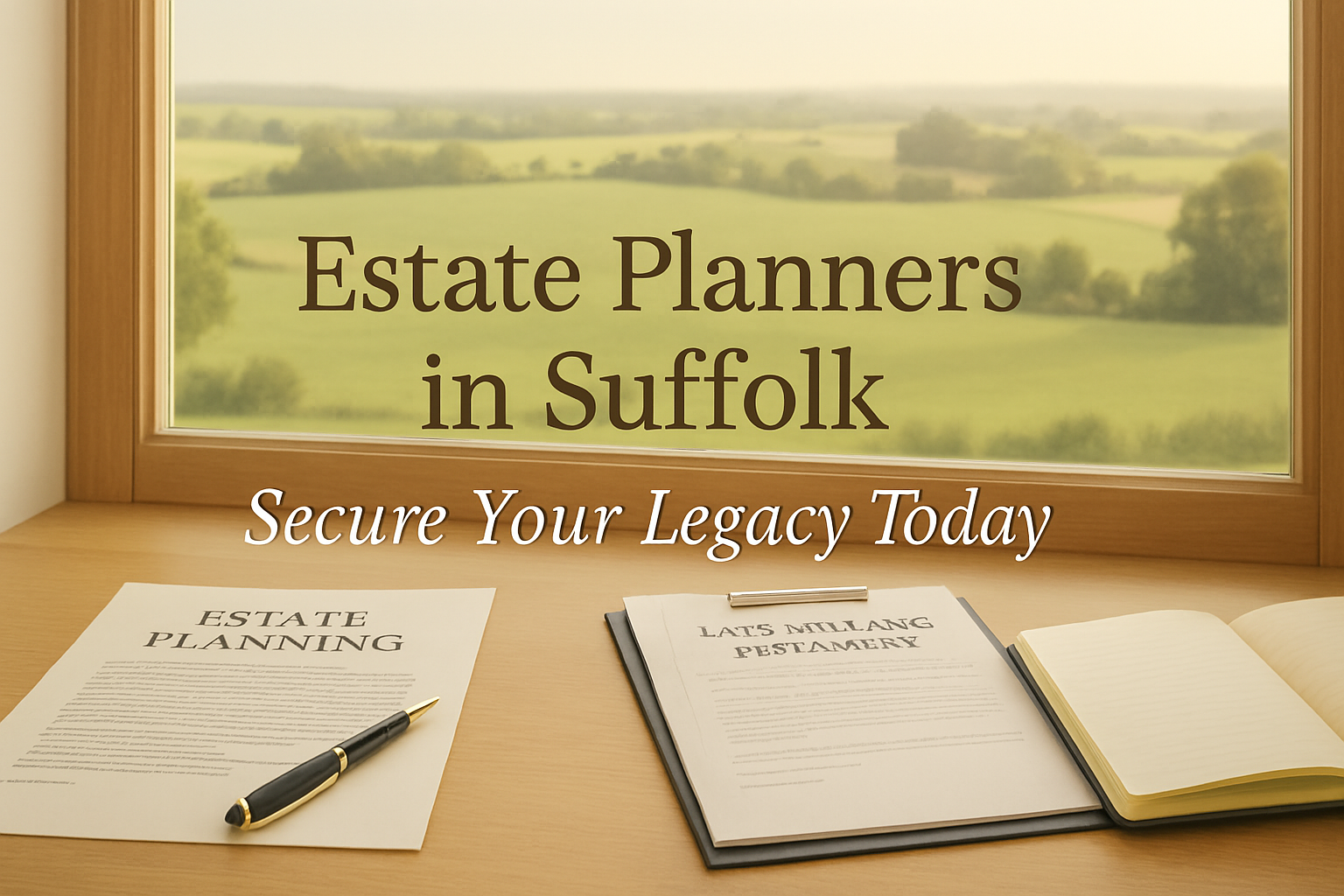 Professional desk with estate planning documents, pen, and notebook overlooking Suffolk countryside, representing estate planning and secure future. Estate Planners in Suffolk