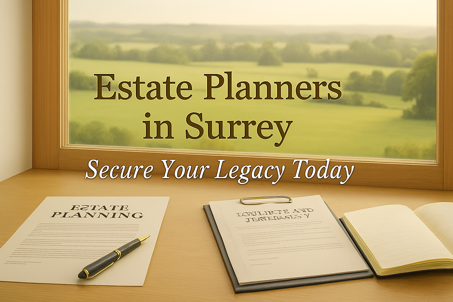 Professional desk with estate planning documents, pen, and notebook overlooking Surrey countryside, representing estate planning and secure future. Estate Planners in Surrey
