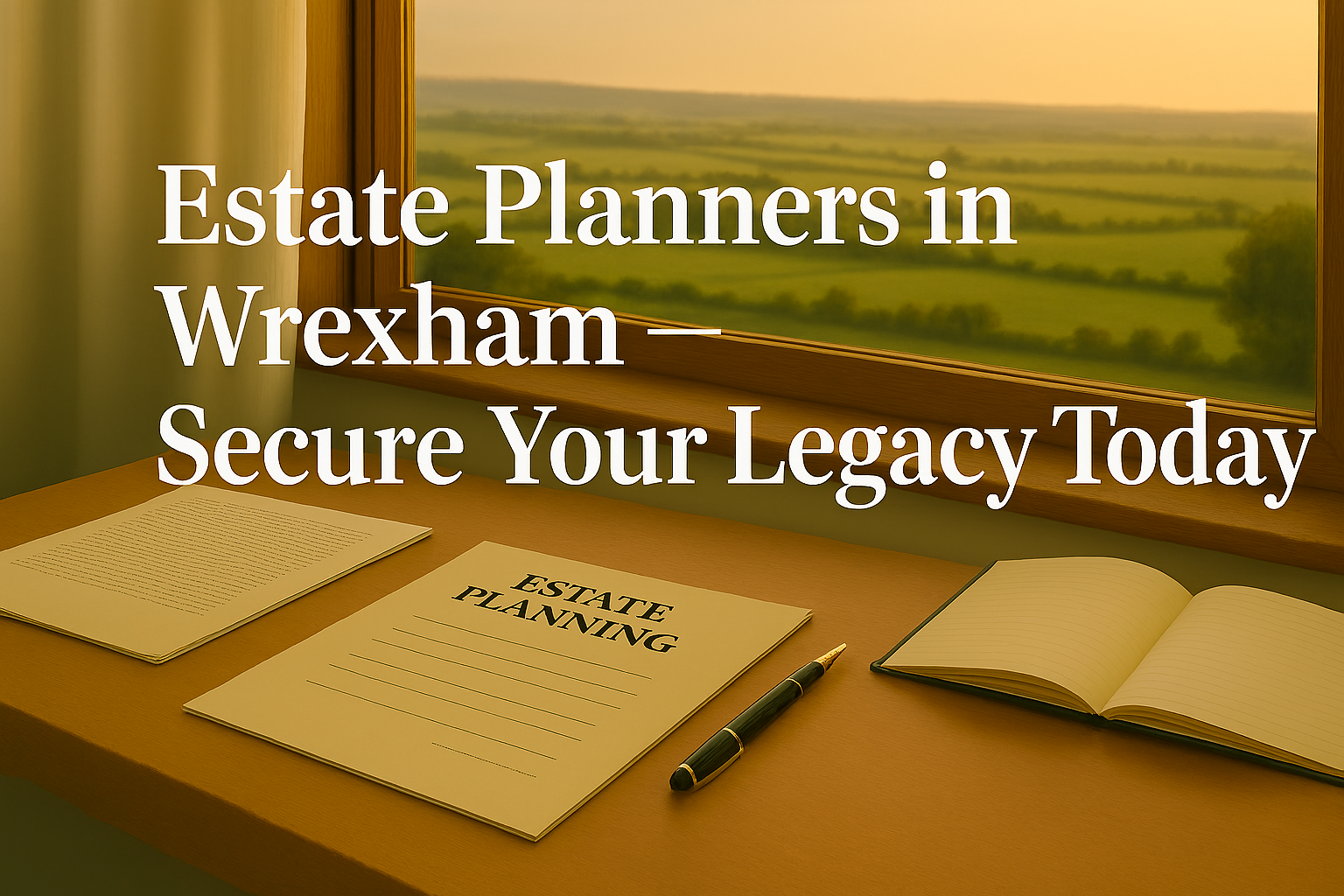 Professional desk with estate planning documents, pen, and notebook overlooking Wrexham countryside, representing estate planning and secure future. Estate Planners in Wrexham