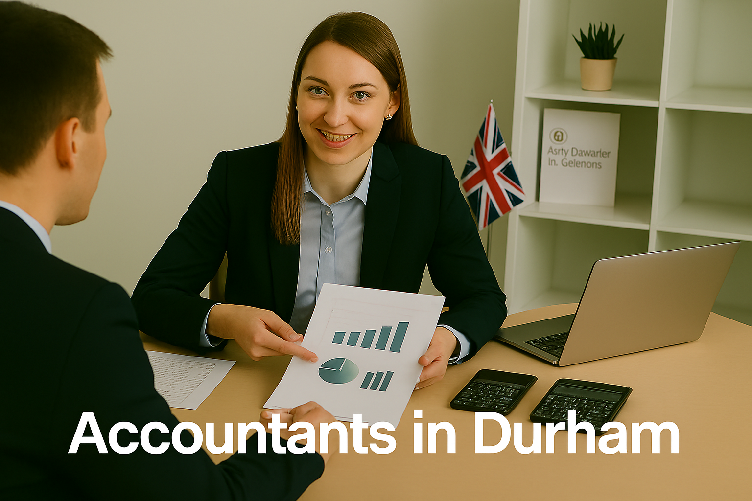 A professional accountant in a modern Durham office explains financial charts to a client across a tidy desk with a laptop, spreadsheets, and calculators. A small British flag and HMRC document in the background suggest a UK business setting. Overlay text reads Accountants in Durham