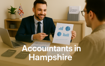 A professional accountant in a modern Hampshire office explains financial charts to a client across a tidy desk with a laptop, spreadsheets, and calculators. A small British flag and HMRC document in the background suggest a UK business setting. Overlay text reads Accountants in Hampshire