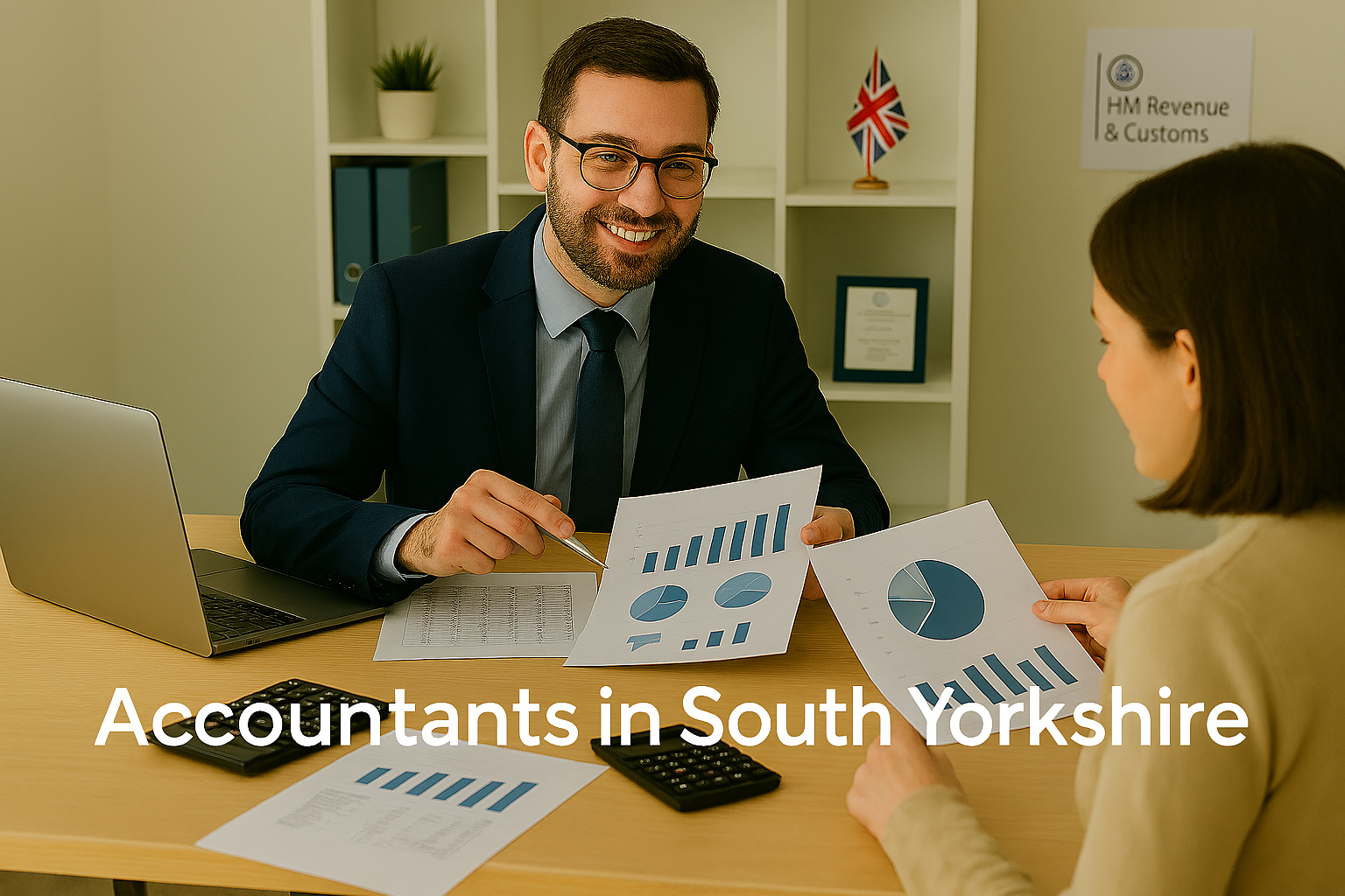 A professional accountant in a modern South Yorkshire office explains financial charts to a client across a tidy desk with a laptop, spreadsheets, and calculators. A small British flag and HMRC document in the background suggest a UK business setting. Overlay text reads Accountants in South Yorkshire