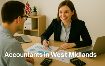 A professional accountant in a modern West Midlands office explains financial charts to a client across a tidy desk with a laptop, spreadsheets, and calculators. A small British flag and HMRC document in the background suggest a UK business setting. Overlay text reads Accountants in West Midlands