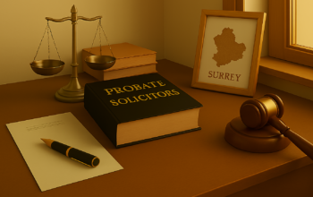 Professional probate solicitor in Surrey advising clients on estate administration, wills, and inheritance matters in a modern office setting.