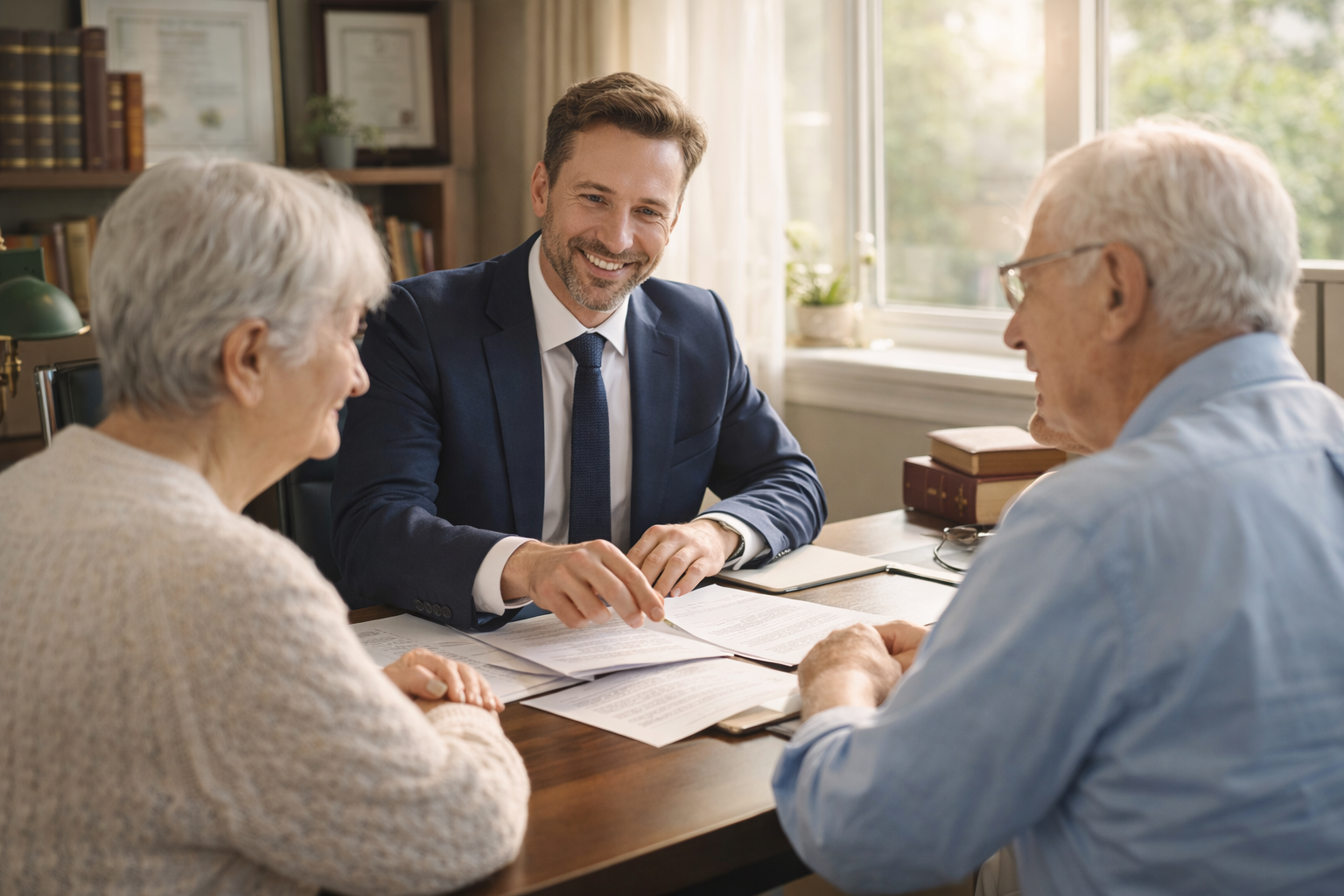 Lawyer advising an elderly couple in an office, representing trusted legal advice for wills, estate planning, and family protection