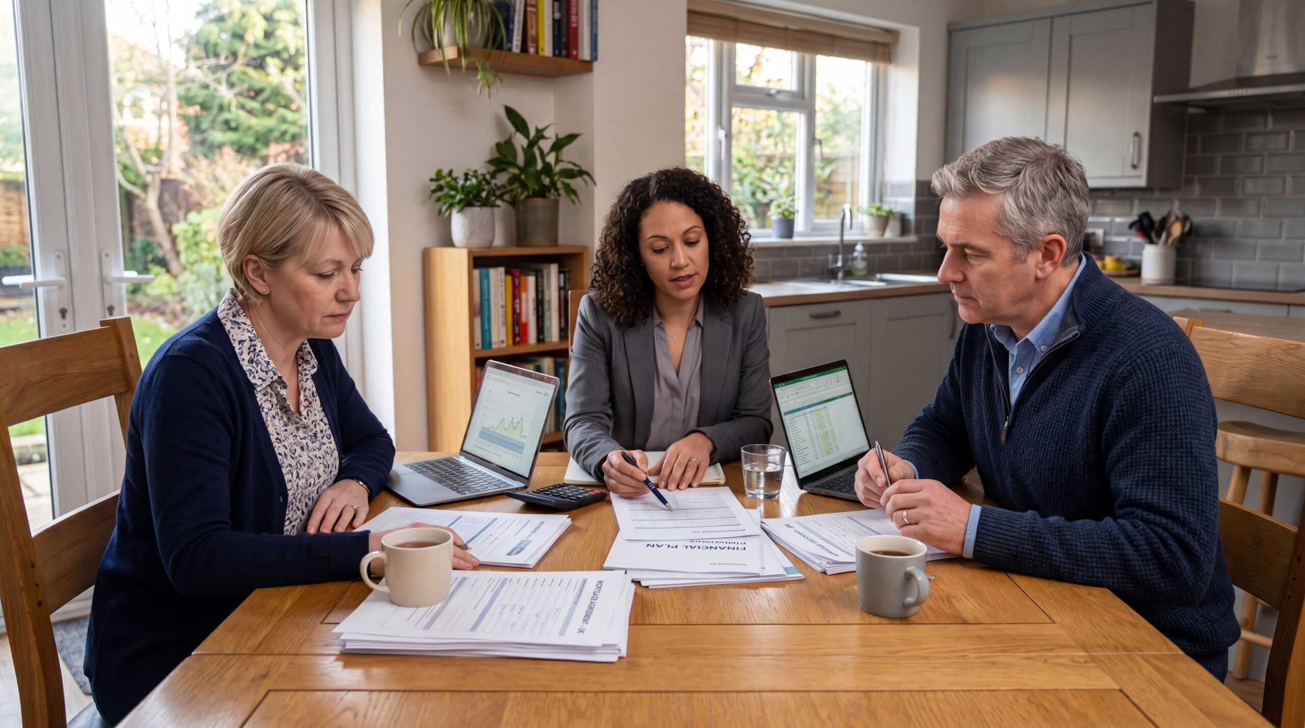 Divorced couple reviewing mortgage documents while discussing property ownership after separation.