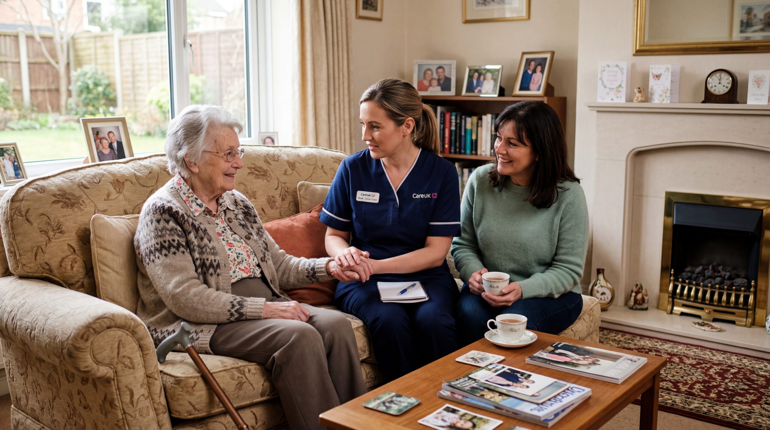 Elderly woman receiving support at home while discussing care funding options with a family member