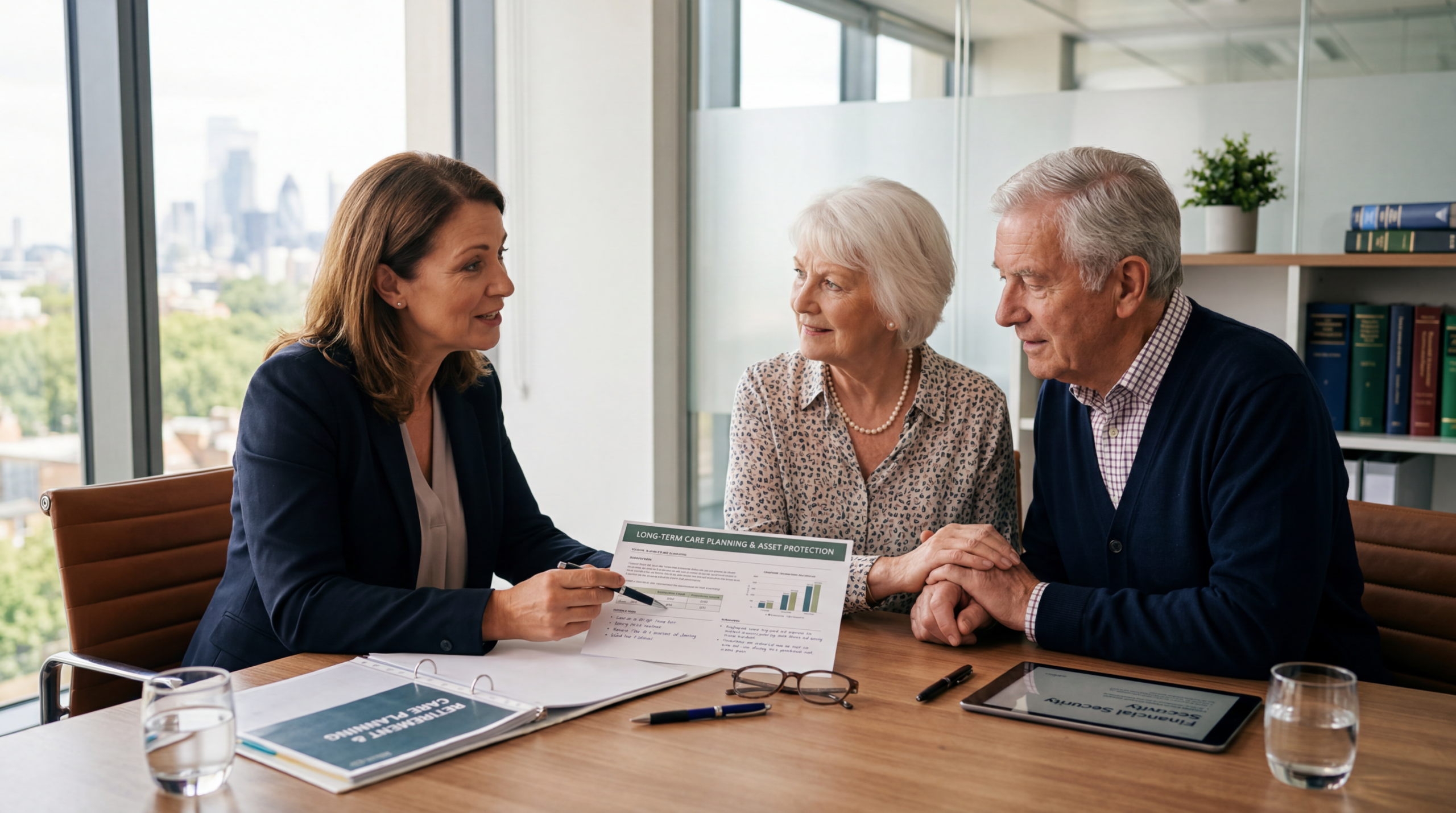 Elderly couple reviewing financial plans and care funding options with a professional adviser