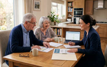 Retired couple reviewing mortgage options with a financial adviser in a modern home