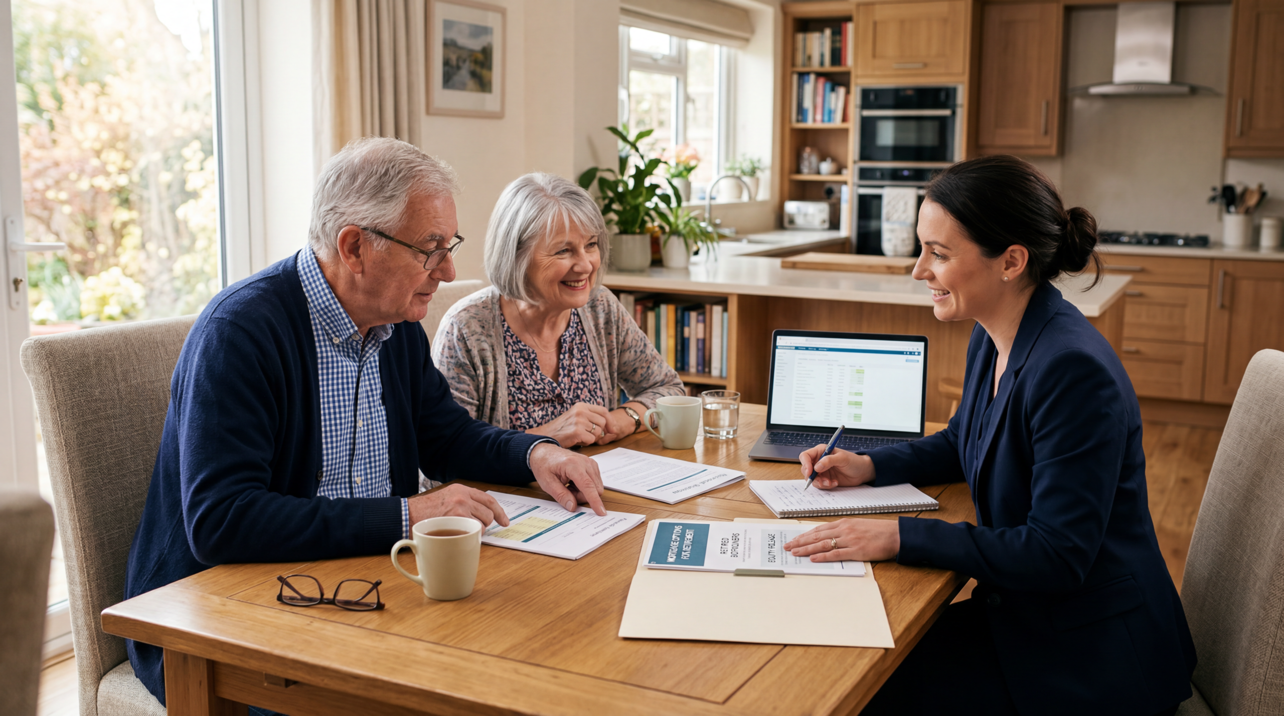 Retired couple reviewing mortgage options with a financial adviser in a modern home