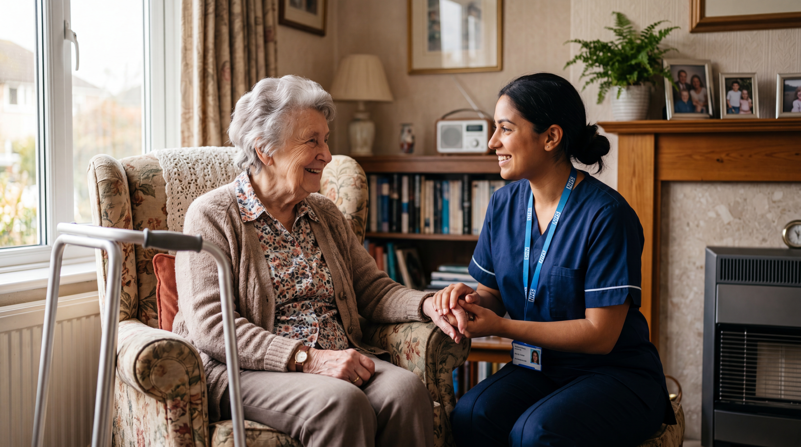 Elderly person receiving professional care at home funded through NHS Continuing Healthcare