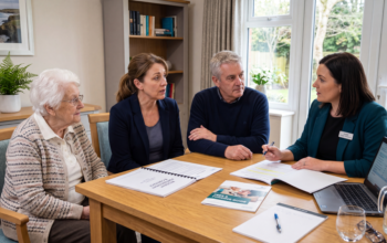 Family reviewing a care home contract and questioning unexpected fees and charges