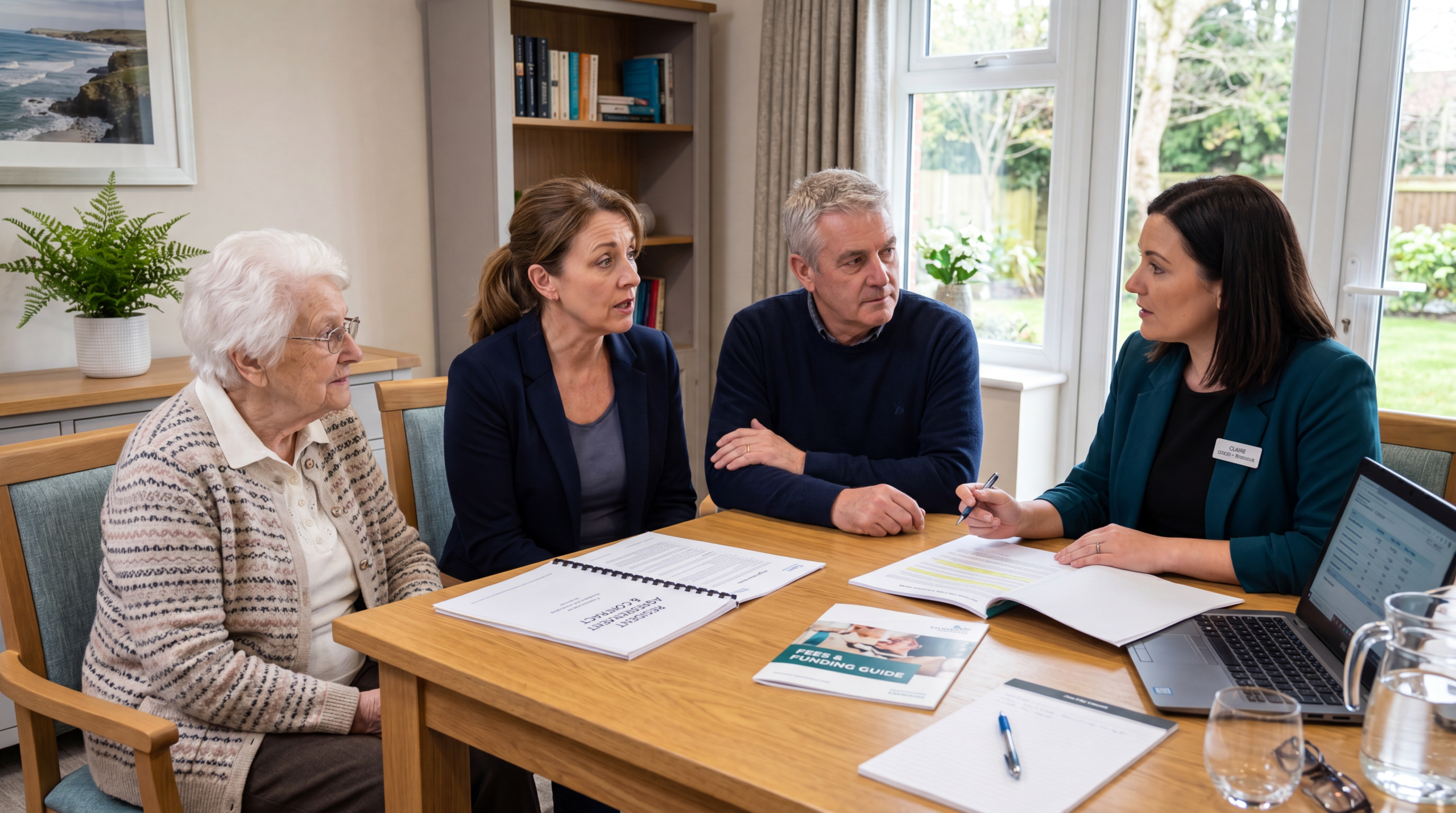 Family reviewing a care home contract and questioning unexpected fees and charges