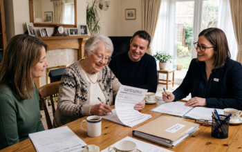Elderly person discussing Power of Attorney documents with family members and a legal adviser
