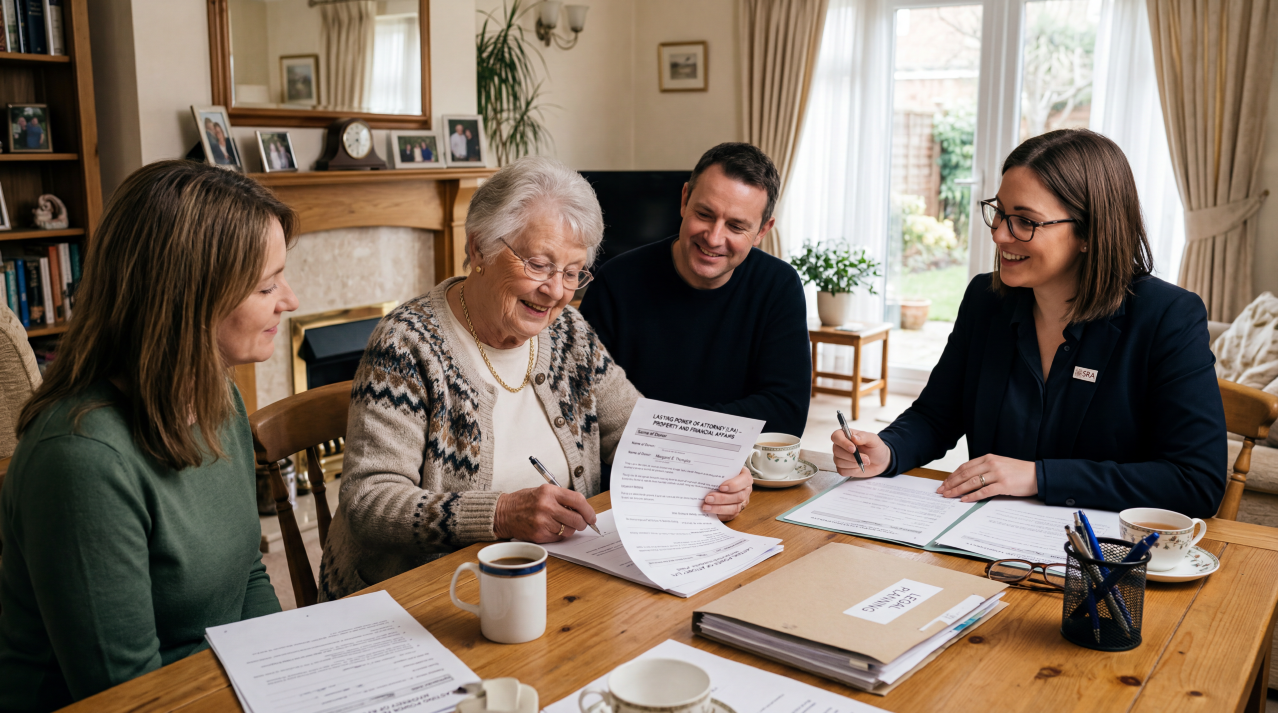 Elderly person discussing Power of Attorney documents with family members and a legal adviser